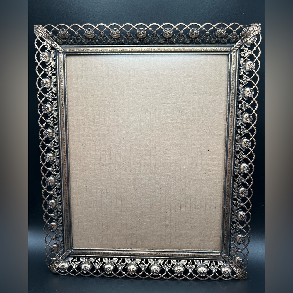 Vintage goldtone metal rose filigree picture frame 7”x9” MCM Ornate